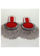 Silver Moon Shoulder Epaulettes On Red Silver Fringe Marching Band Epaulettes