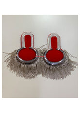 Silver Moon Shoulder Epaulettes On Red Silver Fringe Marching Band Epaulettes