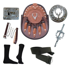 Men's Scottish Brown Stage Head Badge Kilt Sporran Six Pieces Sporran Set