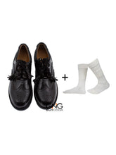 Scottish Men's Black Leather Ghillie Brogues Kilt Shoes with Cream Socks