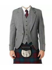 Men's Grey Wool Argyle Kilt Jacket With Waistcoat Scottish Wedding Kilt Jacket