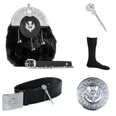 Scottish Thistle 6 Pieces Kilt Sporran Set Men's Kilt Black Fur Sporran Outfit