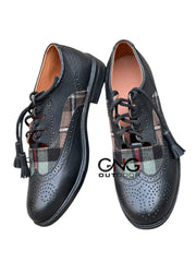Men's Scottish Tartan Shoes Ghillie Brogues Black Leather Kilt Shoes