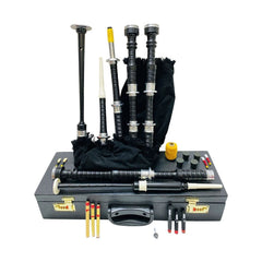 Black Bagpipe Full Practice Chanter Scottish Silver Mouth with Hard Case