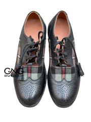 Men’s Black Leather Brogue Shoes with Scottish Tartan Detail Kilt Dress Shoes