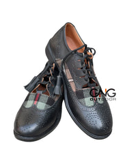 Men’s Black Leather Brogue Shoes with Scottish Tartan Detail Kilt Dress Shoes