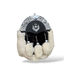 Men's Scottish Black and White Fur Sporran 3 Fur White Tassels Kilt Sporran