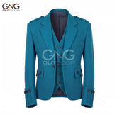 Men’s Teal Wool Scottish Argyle Jacket with Matching Waistcoat Formal Kilt Jacket