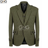 Men’s Green Tweed Argyll Jacket Herringbone Scottish Kilt Jacket Formal Highland Jacket