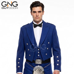 Men’s Royal Blue Wool Prince Charlie Kilt Jacket & Waistcoat Set