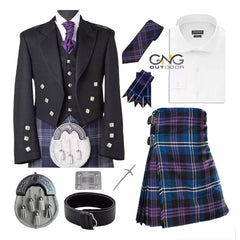 Men's Prince Charlie 9 PCS Scottish Outfit Traditional 8 Yard Kilt Outfit Set