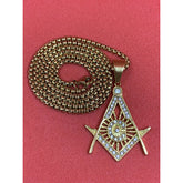 Masonic Square And Compass Gold Plated Neck Pendant With Imitation Stones