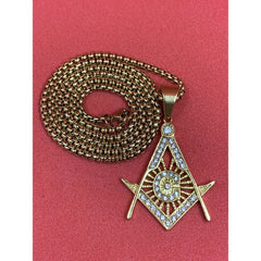 Masonic Square And Compass Gold Plated Neck Pendant With Imitation Stones
