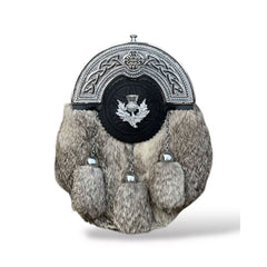 Grey Fur Dress Sporran Thistle Badge 3 Tassel Sporran With Chain Belt