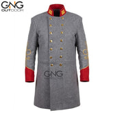 Men’s Grey Civil War Coat Military Wool Jacket Red Collar Gold Embroidery