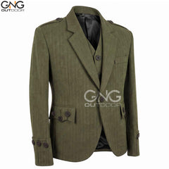 Men’s Green Tweed Argyll Jacket Herringbone Scottish Kilt Jacket Formal Highland Jacket