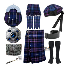 Scottish Men's 10 Pieces Tartan Sporran Kilt Outfit Wedding Kilt Set with Hat