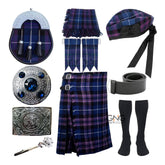 Scottish Men's 10 Pieces Tartan Sporran Kilt Outfit Wedding Kilt Set with Hat