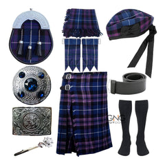 Scottish Men's 10 Pieces Tartan Sporran Kilt Outfit Wedding Kilt Set with Hat