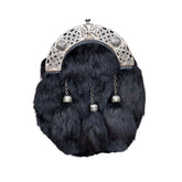 Men's Scottish Black Rabbit Fur 3 Tassels Kilt Sporran With Chain Belt