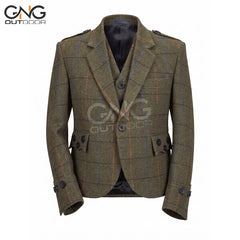 Men's Argyle Tweed Jacket with Gauntlet Cuffs, Scottish Highland Blazer, Tartan Formal Coat