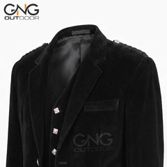 Men’s Formal Black Velvet Argyle Jacket with Embellished Gauntlet Cuffs