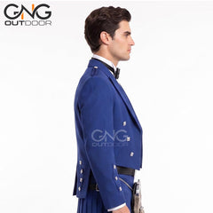 Men’s Royal Blue Wool Prince Charlie Kilt Jacket & Waistcoat Set