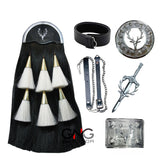 Staghead Badge Sporran Set Five Pieces Scottish Kilt Horse Hair Sporran