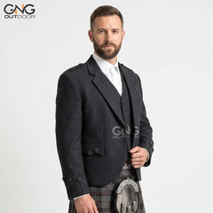 Men’s Scottish Charcoal grey wool Argyle kilt jacket with 5 button waistcoat
