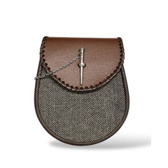 Men's Scottish Brown Tweed Pin Lock Leather Sporran With Chain Strap