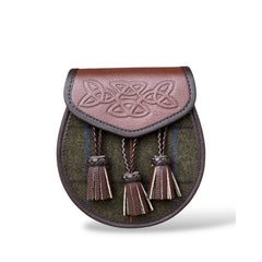 Men's Scottish Brown Leather Inside Double Bag Tweed Sporran | With Chain Strap