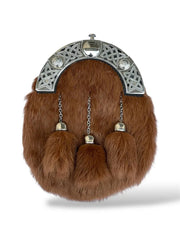 Men's Scottish Brown Fur Sporran 3 Tassels Celtic Cantle Kilt Sporran With Chain Belt