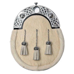 Scottish Men's White Sporran 3 Tassels Leather Sporran With Chain Strap