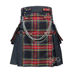 Men Scottish Gothic Kilt Black Stewart Tartan Front Apron Hybrid Utility Kilt