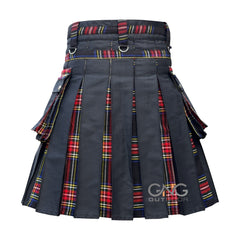Men Scottish Gothic Kilt Black Stewart Tartan Front Apron Hybrid Utility Kilt