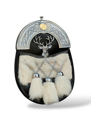 Scottish Men's Stage Head Badge Fur Sporran Leather Kilt Sporran with Chain