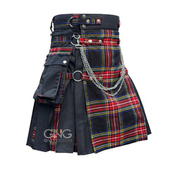 Men Scottish Gothic Kilt Black Stewart Tartan Front Apron Hybrid Utility Kilt
