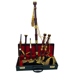 Great Highland Scottish Bagpipes Burgundy Rosewood with Gold Brass Mounts and Black Velvet Bag