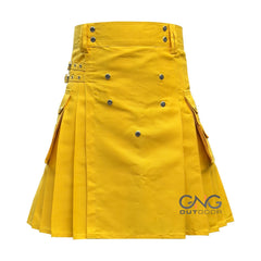 Men's Scottish Yellow Cotton Cargo Pockets Utility Kilt Sizes 28" to 62"