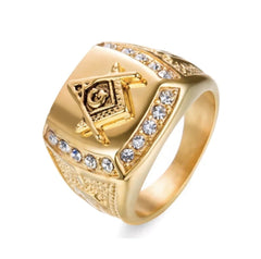 Masonic Square & Compass Gold Plated G Symbol Ring Freemason Men’s Gold Tone Rhinestone Signet Ring