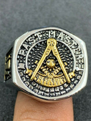 Men’s Past Master Masonic Ring Gold Tone Freemason York Rite Square & Compass Ring
