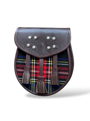Men's Black Stewart Tartan Brown Leather Sporran with 3 Tassel
