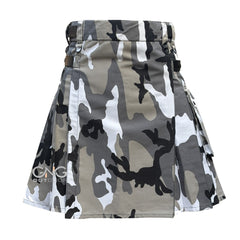 Men Grey Camo Leatherstrap kilt Camouflage Cargo Pocket Kilt Size 28 to 60" inch
