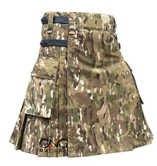 Men's Multicam Camo Utility Kilt – Scottish Tactical Cotton Modern Kilt with Leather Straps