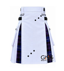Scottish Leatherstrape Tartan kilt Pleats Men Highland White Utility Kilt Size