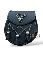 Men's Stag Head Design Black Leather Kilt Sporran 3 Cross Tassel With Belt Chain