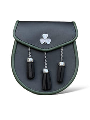 Men's Scottish Shamrock Kilt Sporran | Black Leather Sporran | 3 Tassels | Celtic Shamrock Badge | Chain Strap