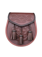 Men’s Scottish Brown Leather Kilt Sporran | Embossed Celtic Design 3 Tassel Sporran with Chain Strap