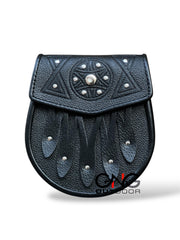 Men's Scottish Black Leather Kilt Sporran, 5 Leather Tassels with Chain Strap, Traditional Highland Sporran