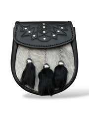 Men's Scottish Black Leather Sporran | Embossed Thistle Design | 3 Black Tassels | Kilt Sporran With Chain Strap